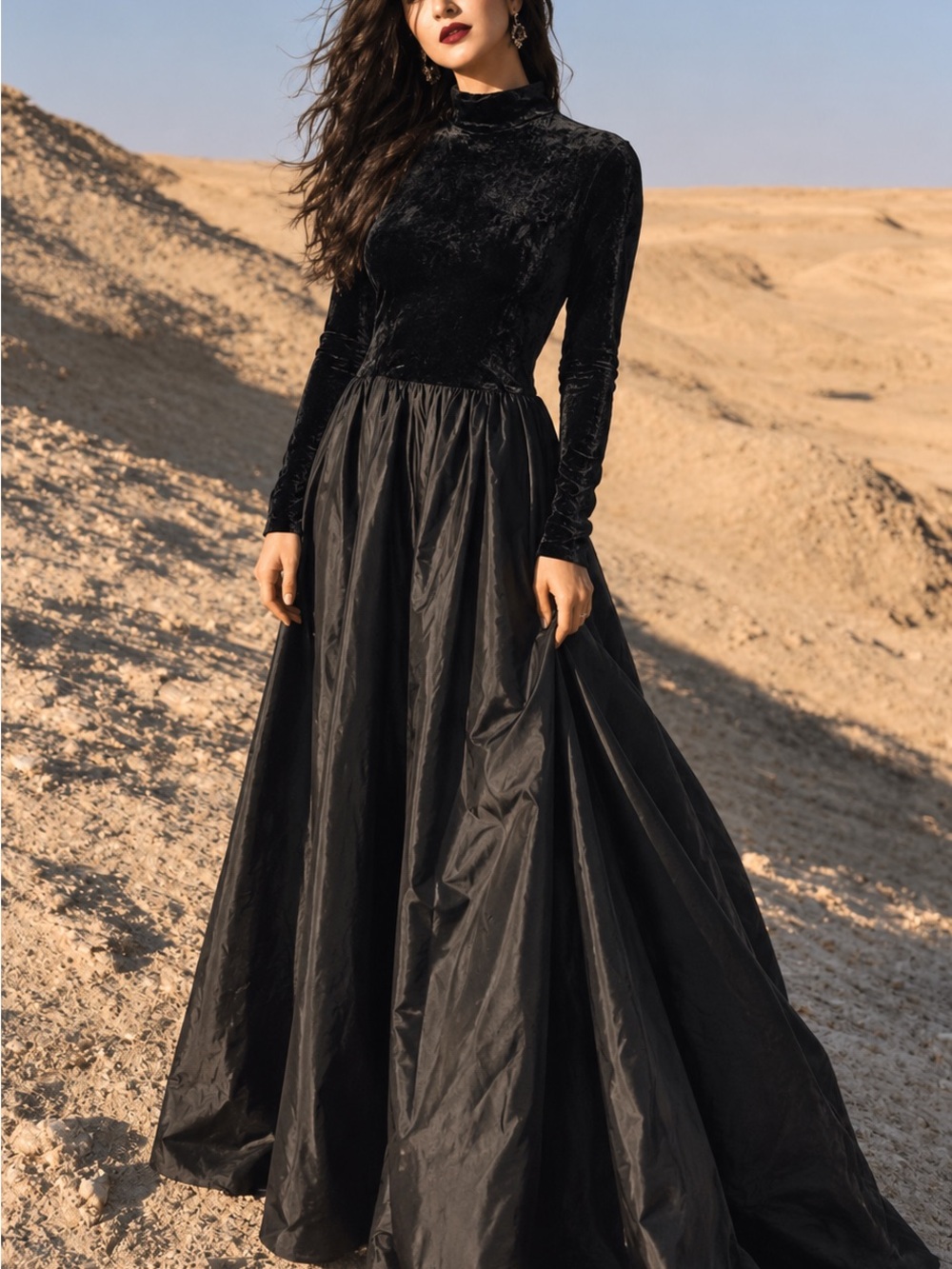 Vintage Black Crushed Velvet Taffeta Maxi Gown Gothic Victorian Revival Dress